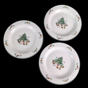 Set of 3 WOODLAND CHRISTMAS 8.25" Salad Plates, Ming Pao Forest Animals